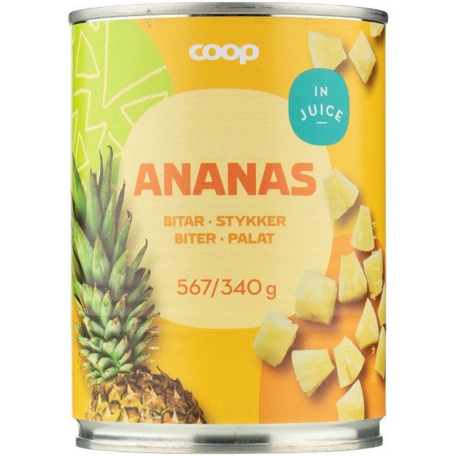 Ананасы кусочками в собственном соку Coop 567/340 гр