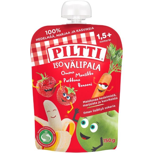 Порционный пюре Piltti 150 гр яблоко-клубника-морковь-банан 1,5+ лет