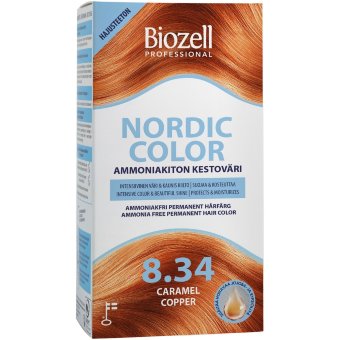 Стойкая краска для волос без аммиака Biozell Nordic Color Professional карамельно-медный 8.34 упаковка 2 шт х 60 мл Стойкая краска для волос без аммиака Biozell Nordic Color Professional карамельно-медный 8.34 упаковка 2 шт х 60 мл