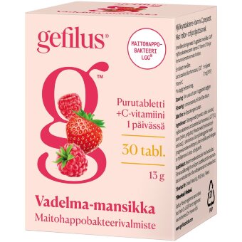 Жевательные таблетки Gefilus с малиной и клубникой, с молочнокислыми бактериями и витамином C, 30 табл 13 гр, пищевая добавка