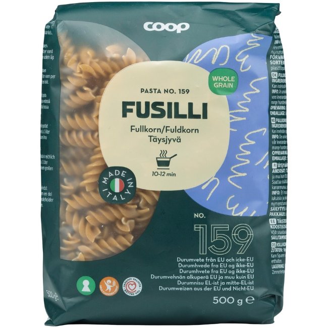 Макароны цельнозерновые фузилли Coop 500 гр