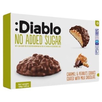 Печенье Diablo с глазурью из молочного шоколада и карамельно-арахисовой начинкой 100 гр без сахара Печенье Diablo с глазурью из молочного шоколада и карамельно-арахисовой начинкой 100 гр без сахара