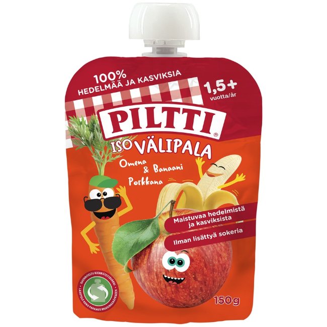 Порционный фруктово-овощной перекус Piltti 150 гр яблоко-банан-морковь 1,5+ лет Порционный фруктово-овощной перекус Piltti 150 гр яблоко-банан-морковь 1,5+ лет