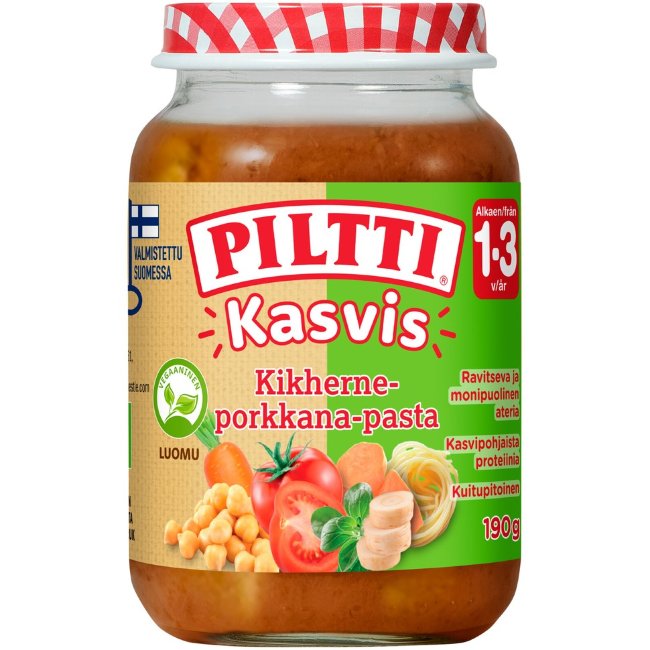 Детское овощное питание Piltti Kasvis с нутом, морковью и пастой 190 гр для детей 1-3 лет, био
