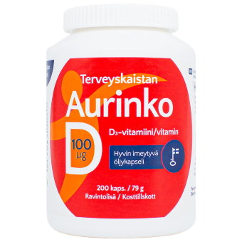 Витамин Д 100 на масляной основе AURINKO D 100 мкг 200 капсул Terveyskaista Витамин Д 100 на масляной основе AURINKO D 100 мкг 200 капсул Terveyskaista