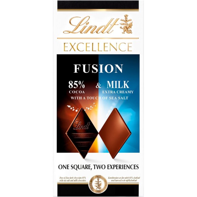 Шоколад Lindt EXCELLENCE FUSION из тонкого темного 85% шоколада с морской солью (50%) и молочного шоколада (50%) 100 гр