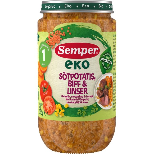 Детское блюдо Semper EKO из батата с говядиной и чечевицей 1 г с органическим составом 235 гр Детское блюдо Semper EKO из батата с говядиной и чечевицей 1 г с органическим составом 235 гр