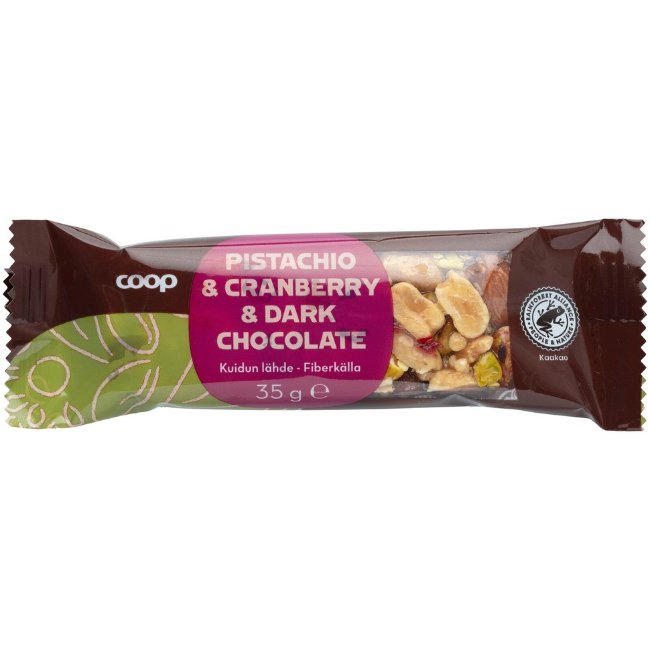 Орехово-фруктовый батончик Coop с фисташками, клюквой и темным шоколадом 35 гр Орехово-фруктовый батончик Coop с фисташками, клюквой и темным шоколадом 35 гр