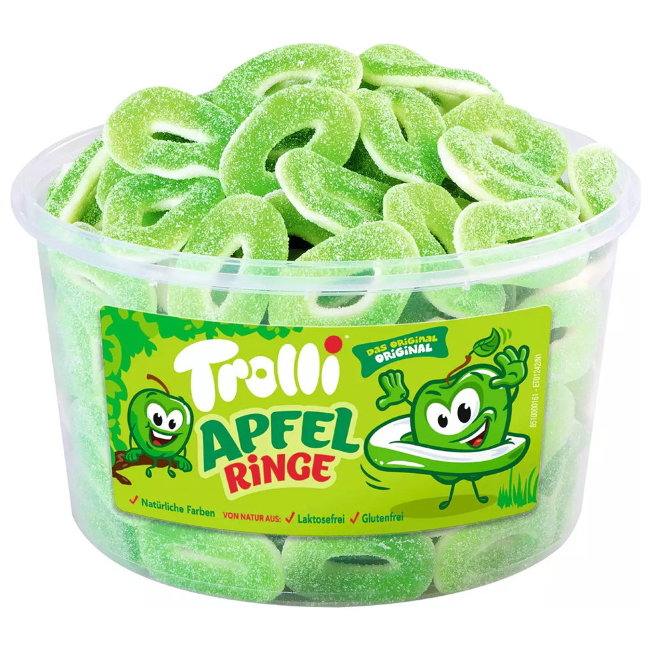 Конфеты жевательные Trolli (банка 150 шт) яблочные кольца "Apfel Ringe" 1200 гр
