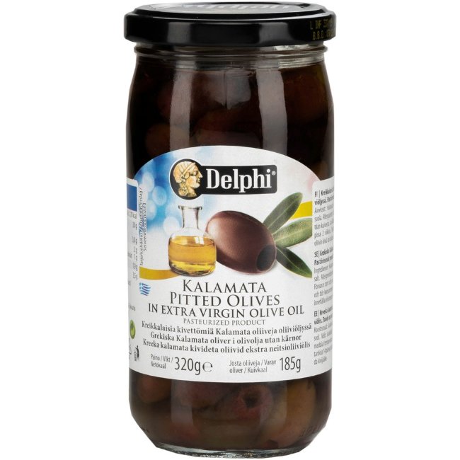 Каламата оливки без косточек Delphi 340/185 гр в оливковом масле