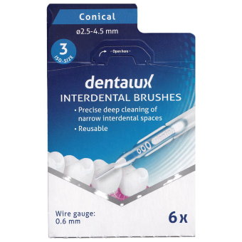 Многоразовые межзубные щётки для узких мест Dentalux Conical конические 2,5 - 4,5 мм 6 шт/уп (цена по акции) Многоразовые межзубные щётки для узких мест Dentalux Conical конические 2,5 - 4,5 мм 6 шт/уп (цена по акции)