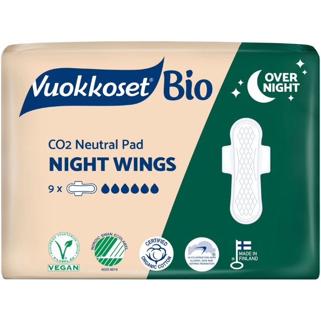 Гигиенические прокладки Vuokkoset Bio Night Wings 9 шт