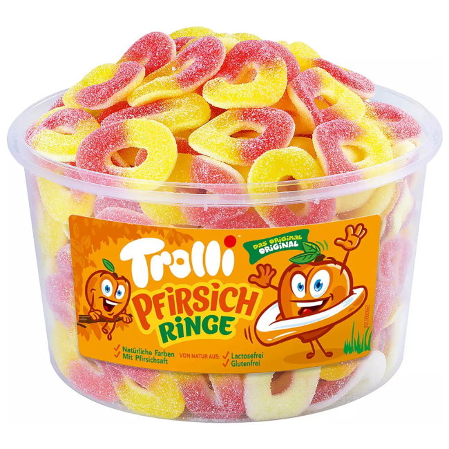 Конфеты жевательные Trolli (банка 150 шт) персиковые кольца "Pfirsich Ringe" 1200 гр