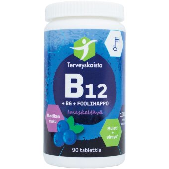 Жевательные таблетки Terveyskaista с B12+B6+фолиевой кислотой, (черника) 90 шт.
