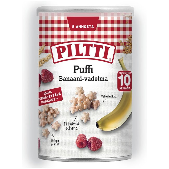 Вкусные воздушные зерновые палочки PILTTI Puffi со вкусом банана и малины 35 гр Вкусные воздушные зерновые палочки PILTTI Puffi со вкусом банана и малины 35 гр