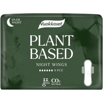 Экологичные ночные прокладки с крылышками Vuokkoset Plant Based 9 шт Экологичные ночные прокладки с крылышками Vuokkoset Plant Based 9 шт