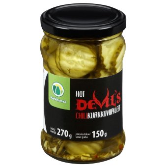 Кисло-сладкие острые ломтики огурцов Herkkumaa Devil's 270/150 гр Кисло-сладкие острые ломтики огурцов Herkkumaa Devil's 270/150 гр