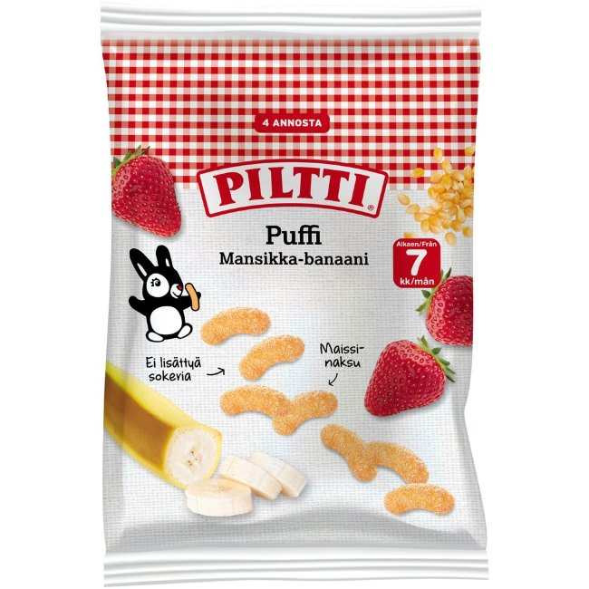 Кукурузные хрустящие палочки Piltti Puffi со вкусом клубники и банана 28 гр Кукурузные хрустящие палочки Piltti Puffi со вкусом клубники и банана 28 гр