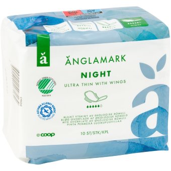 Тонкая ночная прокладка с крылышками Änglamark 10 шт Тонкая ночная прокладка с крылышками Änglamark 10 шт