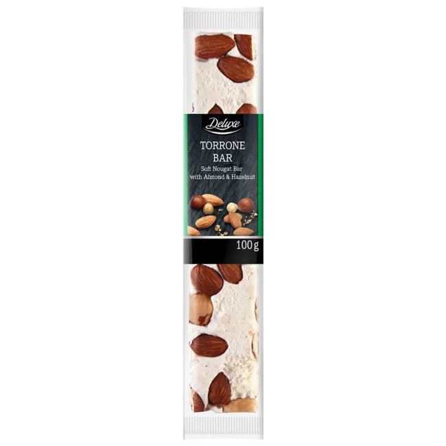 Батончик с нугой, миндалём и лесным орехом Deluxe 100 гр Батончик с нугой, миндалём и лесным орехом Deluxe 100 гр