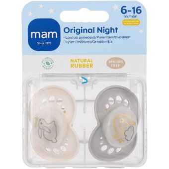 Соска-пустышка MAM Night 2 шт, из натурального каучука 6-16 мес