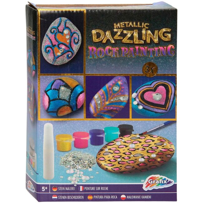 Набор для раскрашивания камней Metallic Dazzling, 3 камня, 5 красок, клей, блестки Набор для раскрашивания камней Metallic Dazzling, 3 камня, 5 красок, клей, блестки