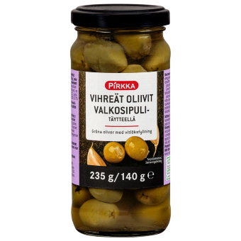 Оливки зеленые с чесноком Pirkka 235/140 гр Оливки зеленые с чесноком Pirkka 235/140 гр