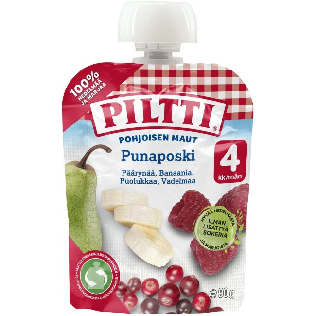 Фруктовое пюре Piltti Pohjoisen maut 90 гр Punaposki для детей от 4 месяцев, порционный пакет Фруктовое пюре Piltti Pohjoisen maut 90 гр Punaposki для детей от 4 месяцев, порционный пакет