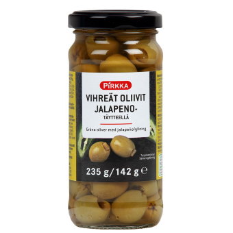 Зеленые оливки Pirkka с халапеньо 235/140 гр Зеленые оливки Pirkka с халапеньо 235/140 гр
