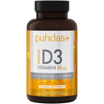 Премиум витамин D3 Puhdas+ 50 мкг + K2 + Omega-3 + витамин A 120 капсул