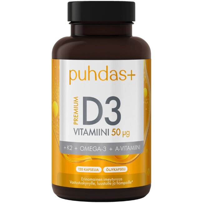 Премиум витамин D3 Puhdas+ 50 мкг + K2 + Omega-3 + витамин A 120 капсул