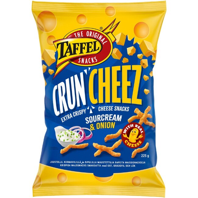 Сырные снеки Taffel CrunCheez со вкусом сметаны и лука 225 гр Сырные снеки Taffel CrunCheez со вкусом сметаны и лука 225 гр