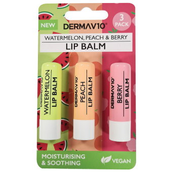 Бальзам для губ «Арбуз, персик и ягоды» Dermav10, 3шт/уп 8,6 гр (цена по акции) Бальзам для губ «Арбуз, персик и ягоды» Dermav10, 3шт/уп 8,6 гр (цена по акции)