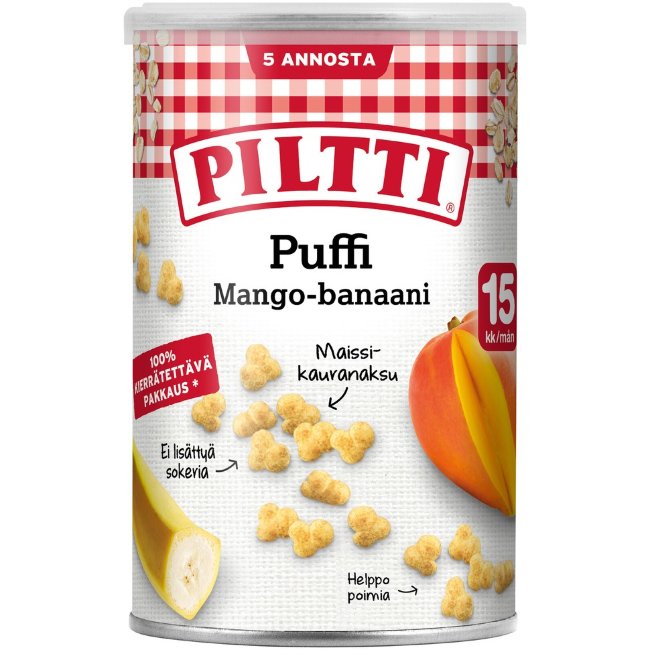 Кукурузно-овсяные снеки PILTTI Puffi со вкусом манго и банана 35 гр (с 15 мес.)